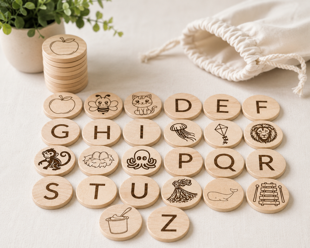 Wooden Alphabet Tiles – Capital Letters & Matching Images