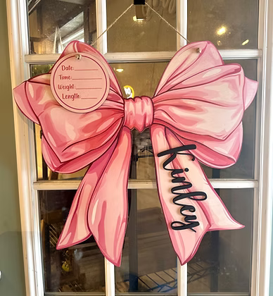 Pink Bow Door Hanger with Baby Announcement Sign