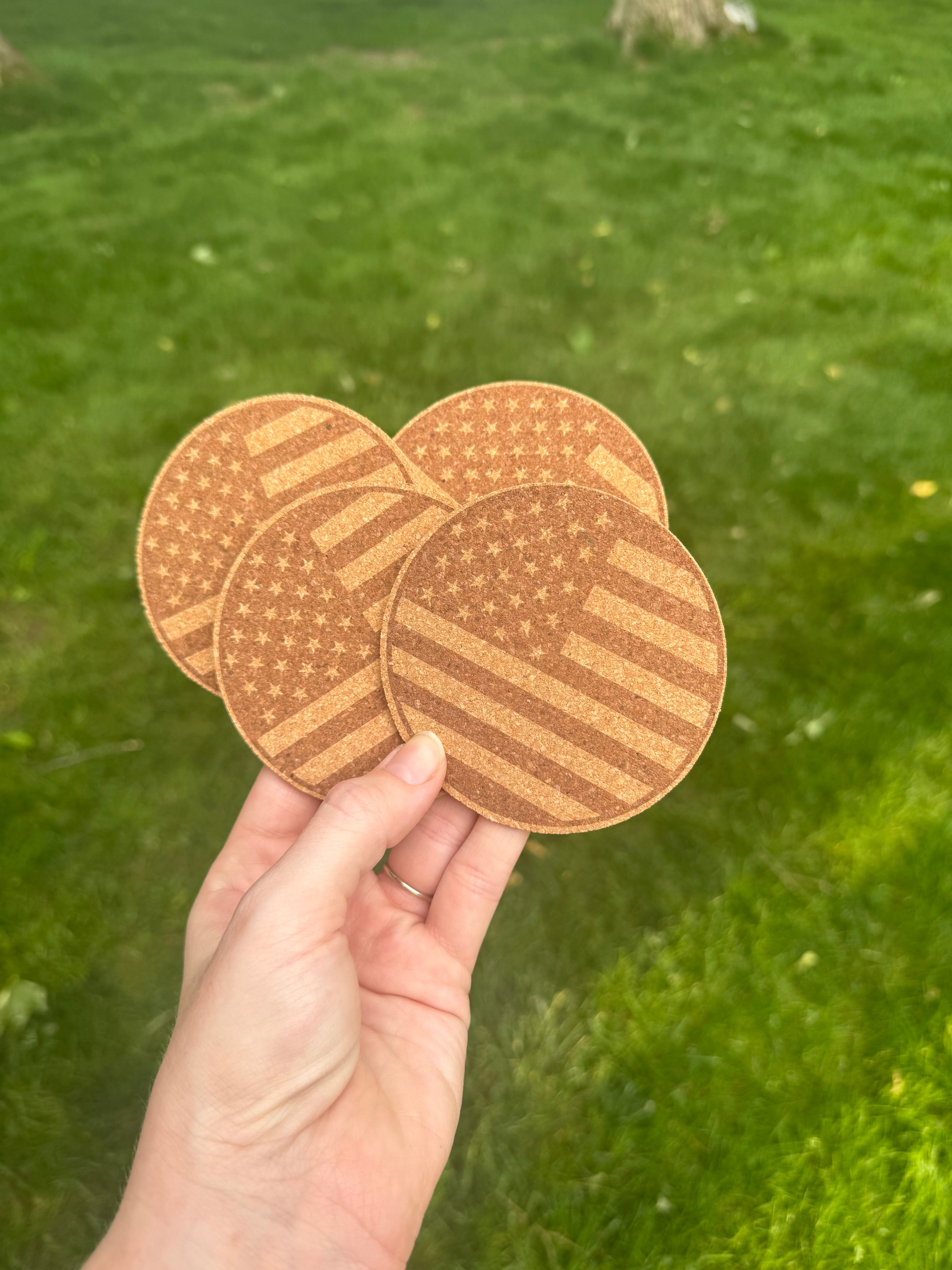 Patriotic American Flag Cork Coasters  (Set of 4)