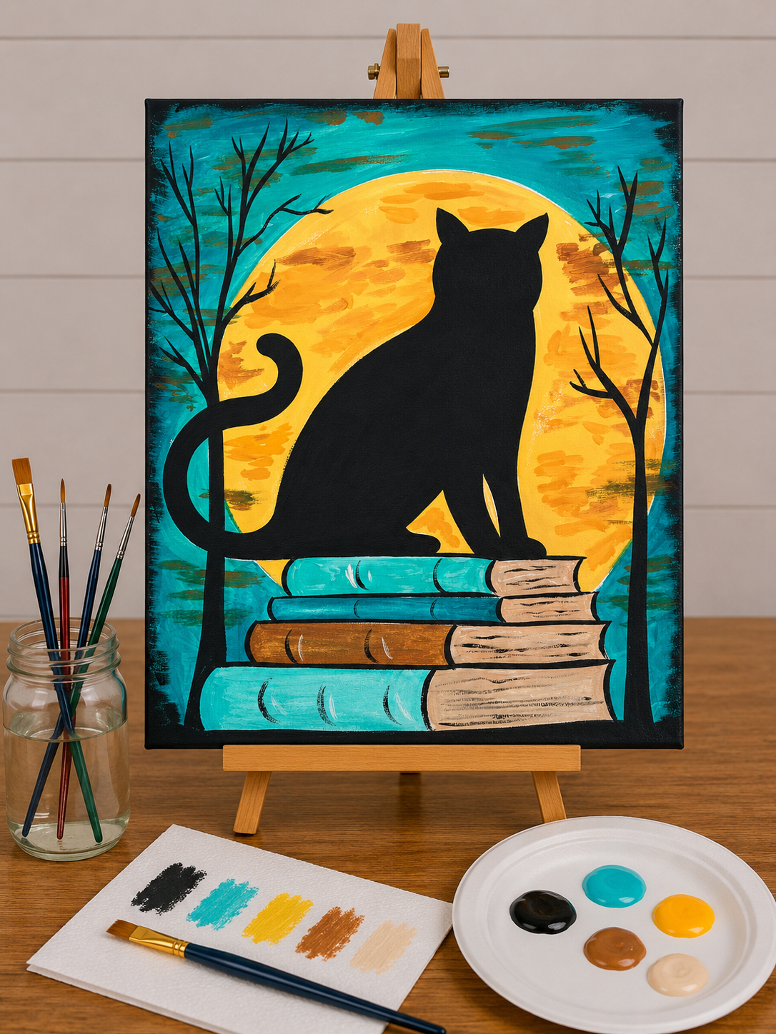 Midnight Book Cat Canvas Art Kit