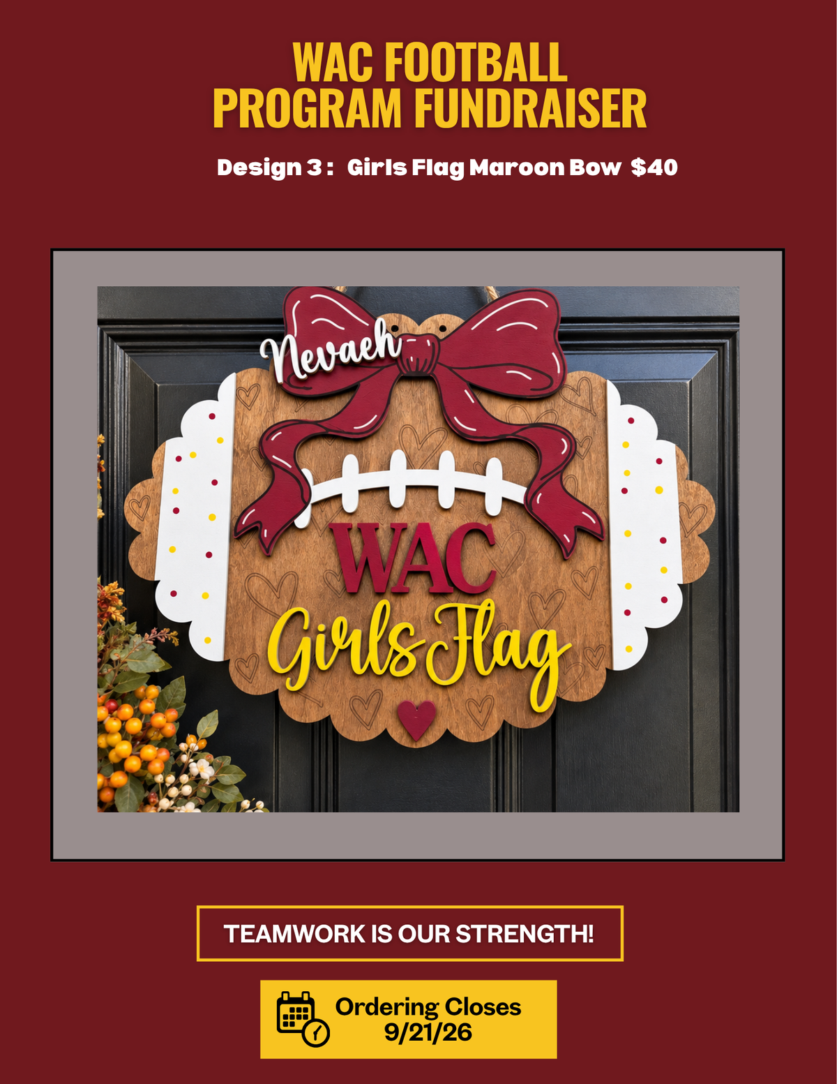 Design 3 :   Girls Flag Maroon Bow  $40